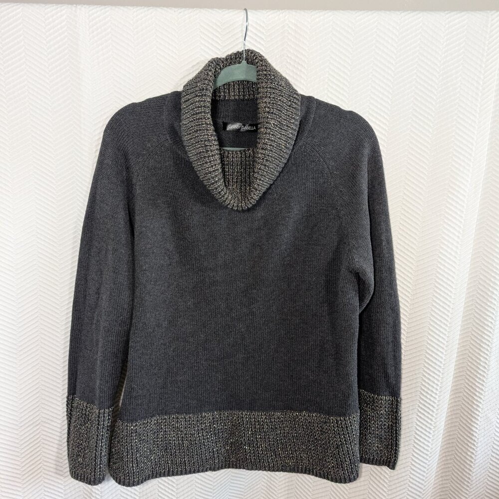 Gabby Isabella Cowl Neck Sweater Dark Grey with Metallic Trim Medium Cotton Cozy